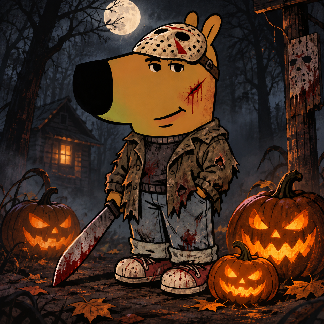 Kill Guy in a hockey mask surrounded by Halloween pumpkins